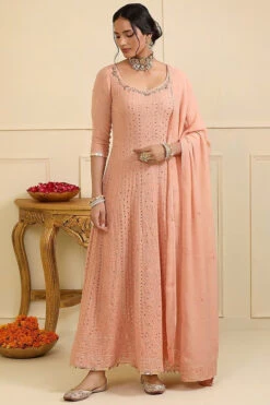 Peach Georgette Chikankari Embellished Anarkali Set