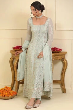 Ice Blue Georgette Chikankari Embellished Anarkali Set