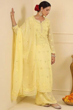 Lemon Yellow Georgette Chikankari Embellished Kurta Set