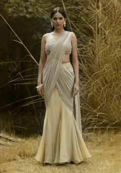 Pista Draped Saree Set