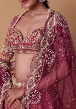 Red Velvet Silk 16 Kali Zardosi Lehenga With Crystal Blouse And Two Dupattas -Lillys Clothing Shop GFWDD