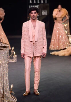 Peach Linen Satin Lapel Tuxedo With Shirt And Pants