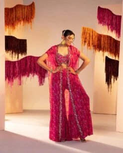 Printed Cape With Embroidered Tube Blouse And Printed Straight Pants