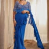 Blue Ruffle Pre Draped Saree