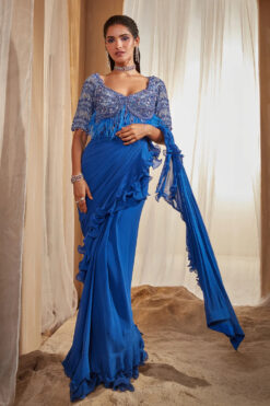 Blue Ruffle Pre Draped Saree