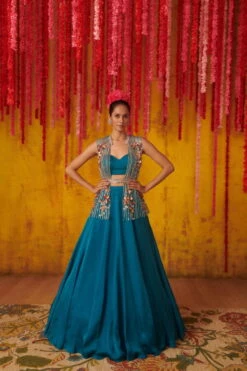 Blue Crepe Embroidered Jacket Lehenga Set