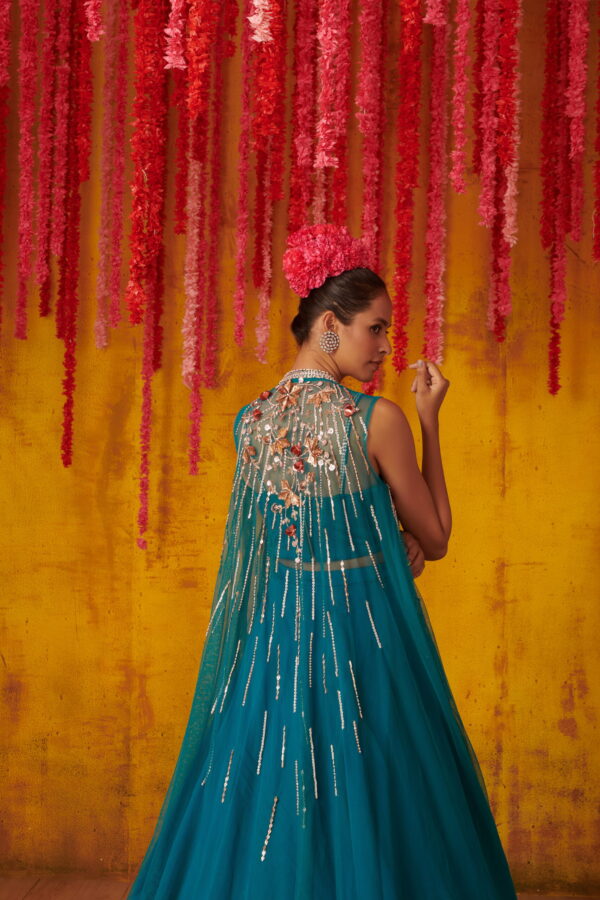 Blue Crepe Embroidered Jacket Lehenga Set 5 Blue Crepe Embroidered Jacket Lehenga Set - Image 5