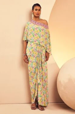 Aqua One Shoulder Caplet Dress