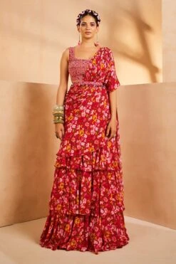 Magenta Floaral 3 Layer Saree