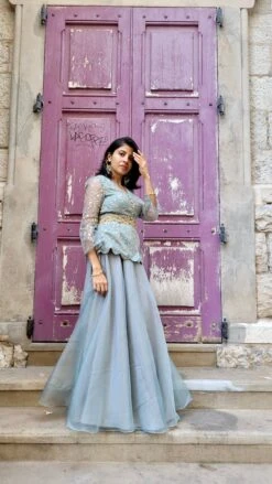 Dust Green Peplum Top And Palazzo Set