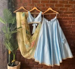 Sky Blue Raw Silk Lehenga Set With Lime Handpainted Dupatta Set -Lillys Clothing Shop IMG 6952