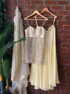 Lime Yellow Organza Slit Kurt And Gharara Set