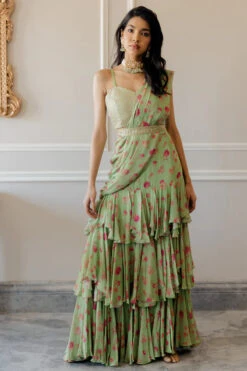 Pista Green Pre Draped Saree