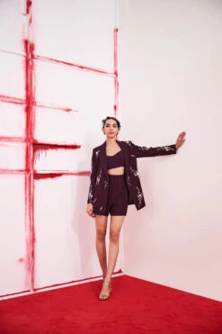 Red Wine Blazer With Shorts Set