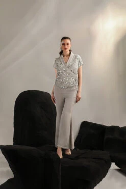 Grey Crepe Mazu Hand Embroidered Kimono Jacket With Pant