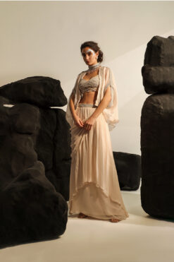 Peach Maribelle Hand Embroidered Shrug And Draped Skirt Set