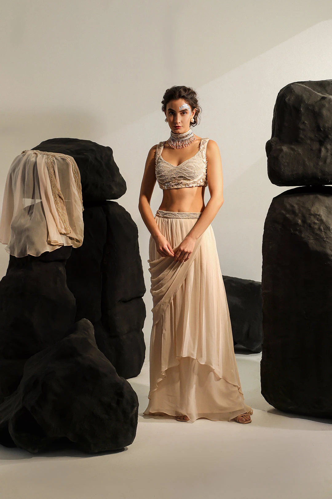 Peach Maribelle Hand Embroidered Shrug And Draped Skirt Set 3 Peach Maribelle Hand Embroidered Shrug And Draped Skirt Set - Image 3