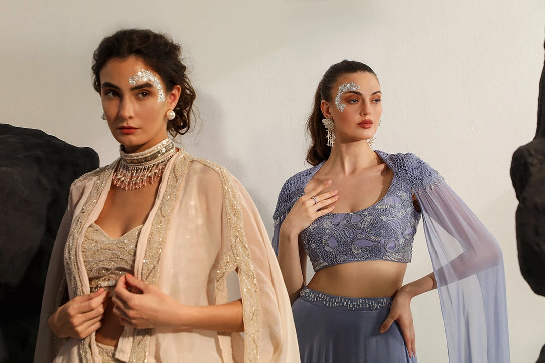 Peach Maribelle Hand Embroidered Shrug And Draped Skirt Set 5 Peach Maribelle Hand Embroidered Shrug And Draped Skirt Set - Image 5