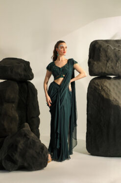 Green Galia Pre-draped Saree With Embroidered Blouse