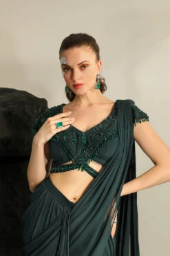 Green Galia Pre-draped Saree With Embroidered Blouse -Lillys Clothing Shop Jade 2171copy