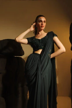 Green Galia Pre-draped Saree With Embroidered Blouse -Lillys Clothing Shop Jade 2174copy