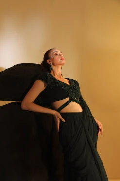 Green Galia Pre-draped Saree With Embroidered Blouse -Lillys Clothing Shop Jade 2192copy