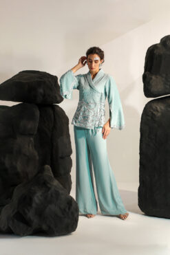 Blue Crepe Kai Hand Embroidered Jacket With Pant -Lillys Clothing Shop Jade 2203copy