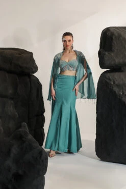 Blue Sirena Hand Embroidered Cape And Fish-Cut Skirt Set
