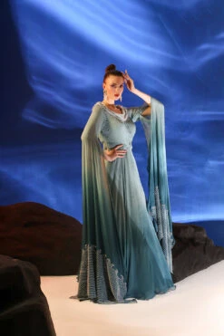 Blue Georgette Darya Cape Sleeve Gown -Lillys Clothing Shop Jade 2479copy