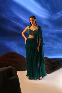 Green Celia Pre-draped Saree With Embroidered Blouse