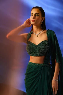 Green Celia Pre-draped Saree With Embroidered Blouse -Lillys Clothing Shop Jade 2545copy
