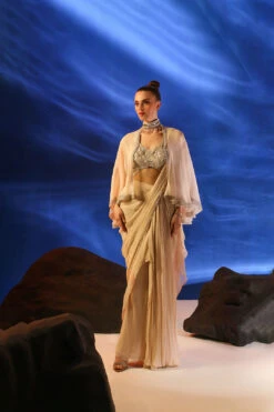 Peach Ceto Pre-draped Saree With Embroidered Blouse