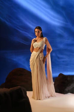 Peach Nerida Pre-draped Saree With Cutdana Embroidered Blouse