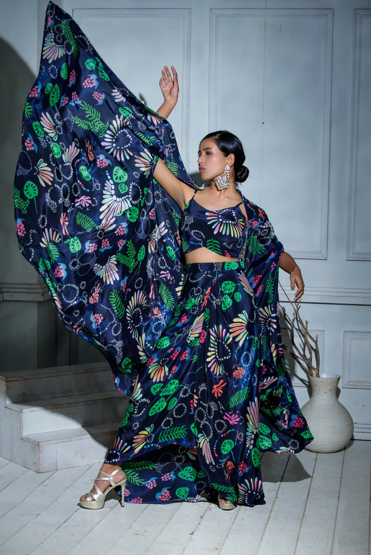 Cowl Dhoti Skirt Set With Bralette And Cape