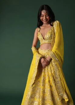 Yellow Embroidered Bridal Lehenga And Blouse Set With Mirror Work -Lillys Clothing Shop Ka179