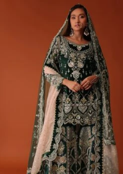 Green Heavily Embroidered Bridal Sharara Suit Set In Velvet -Lillys Clothing Shop Ka190
