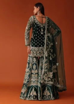 Green Heavily Embroidered Bridal Sharara Suit Set In Velvet -Lillys Clothing Shop Ka193