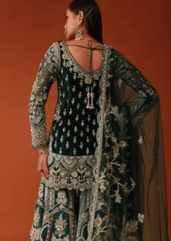 Green Heavily Embroidered Bridal Sharara Suit Set In Velvet -Lillys Clothing Shop Ka194
