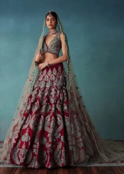 Deep Red Hand Embroidered Bridal Lehenga And Blouse Set In Velvet