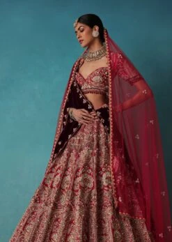 Brick Red Velvet Bridal Lehenga Set With Aari Work -Lillys Clothing Shop Kal2