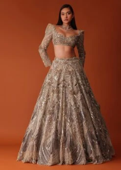 Wheat Gold 16 Kali Bridal Lehenga In Net With 3D Embroidery -Lillys Clothing Shop Kal340