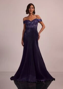 Purple Western Bridal Gown In Shimmer With Embroidery -Lillys Clothing Shop Kal411