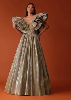 Gold Bridal Hand Worked Gown In Crushed Fabric