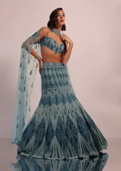 Blue Fish Cut Bridal Lehenga Set In Net With Hand Embroidery