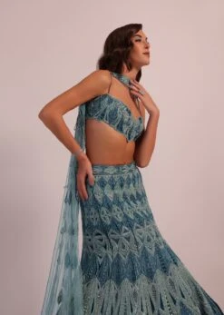 Blue Fish Cut Bridal Lehenga Set In Net With Hand Embroidery -Lillys Clothing Shop Kal438