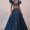 Blue Embroidered Bridal Lehenga Set With Pleated Sleeves -Lillys Clothing Shop Kal44