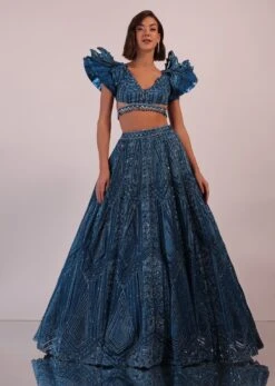 Blue Embroidered Bridal Lehenga Set With Pleated Sleeves