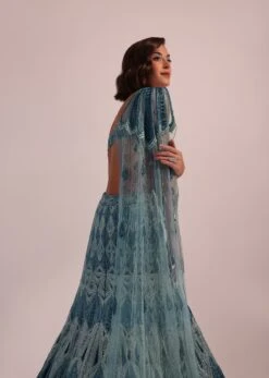 Blue Fish Cut Bridal Lehenga Set In Net With Hand Embroidery -Lillys Clothing Shop Kal443