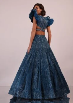 Blue Embroidered Bridal Lehenga Set With Pleated Sleeves -Lillys Clothing Shop Kal48