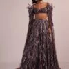 Wine Net Bridal Lehenga And Blouse With Long Trail Sleeves -Lillys Clothing Shop Kal51